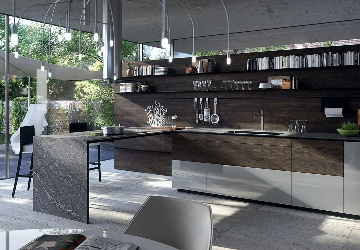 Forma Mentis con anta in finitura legno rovere Rondover e anta in laccato